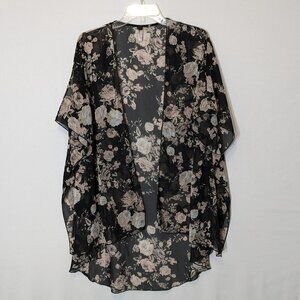 Women's INTERI Black/Pink Floral Sheer Chiffon Open Tunic Top; Size S